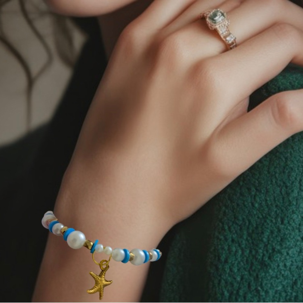 Ocean-Inspired Gold Starfish Bracelet with Blue and White Beads